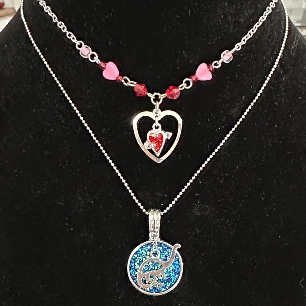 Silver Heart and Blue Dinosaur Pendant Necklace Set